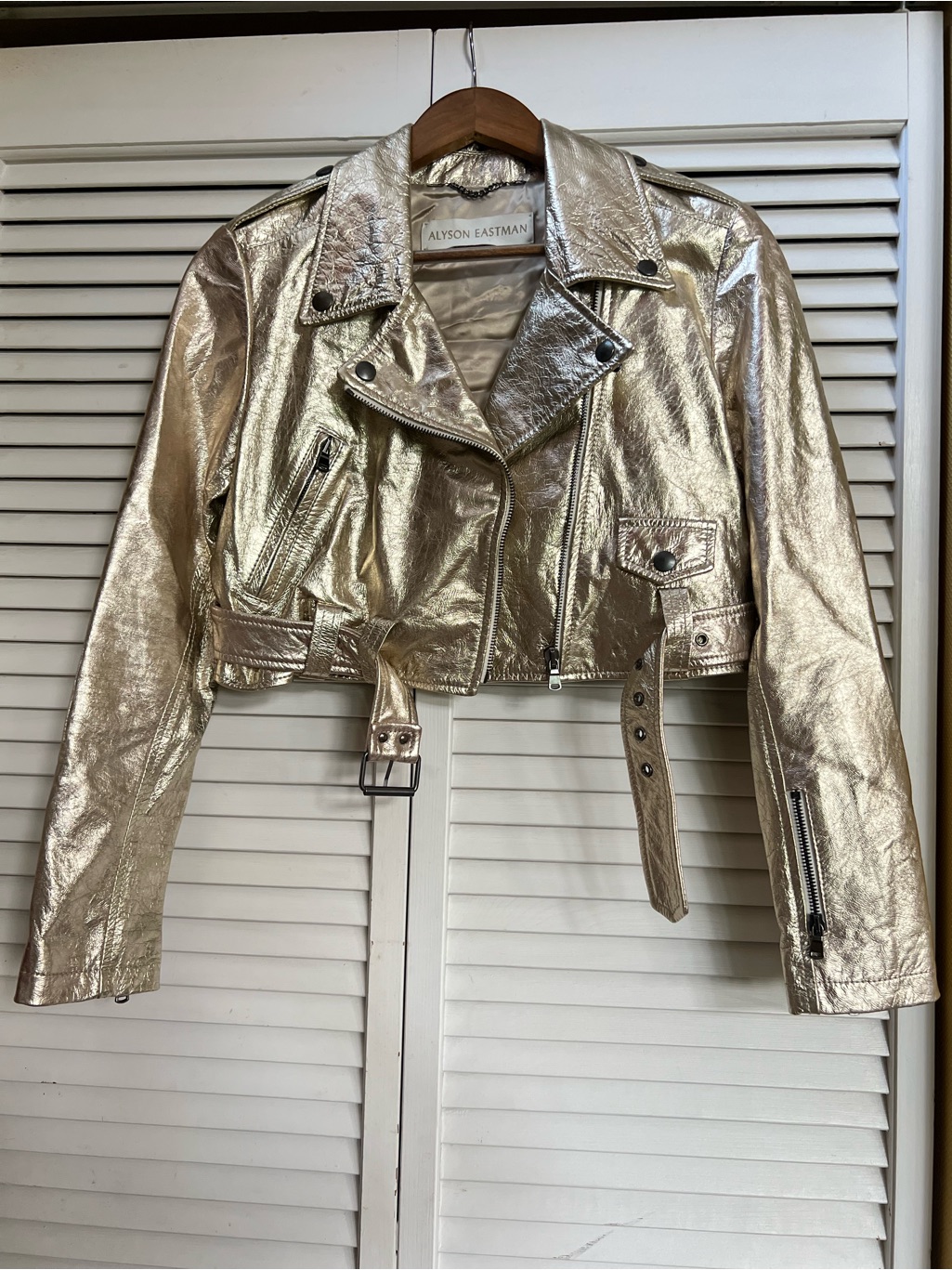 Alyson Eastman Moto Lamb Leather Jacket Gold Metallic Size S Made In Italy Euc — image 2 of 8